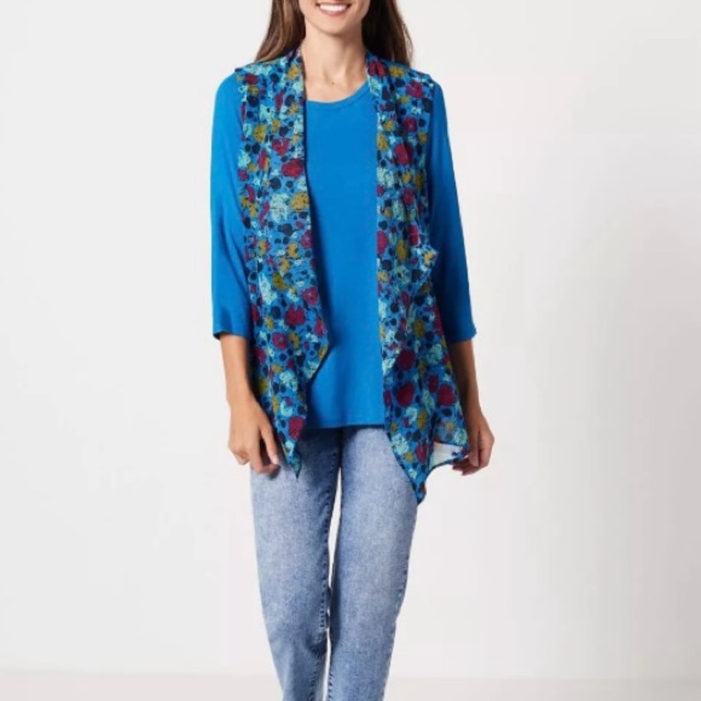Lori Goldstein LOGO Vest Top Set Women’s Size Medium Blue Multicolor Chiffon